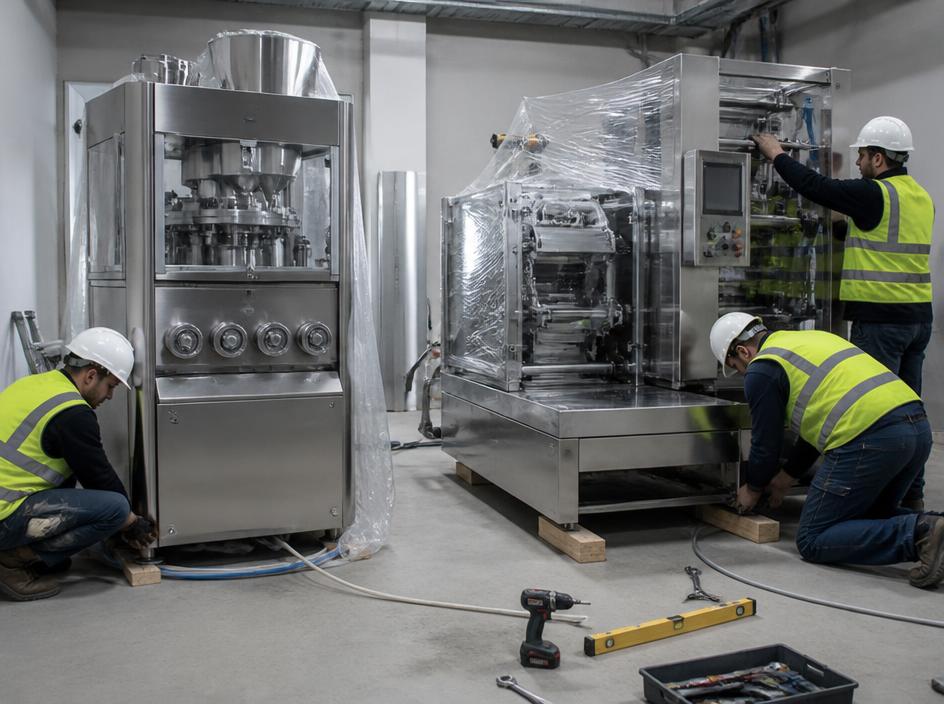 Technicians installing pharmaceutical cleanroom HVAC and packaging machinery in Gujarat